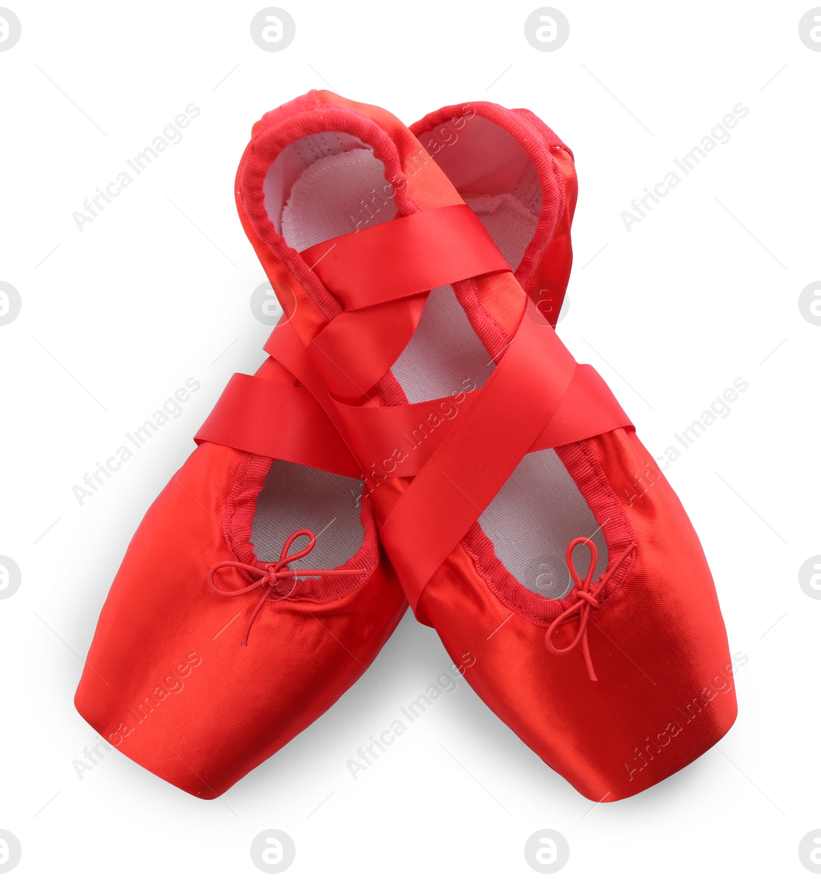 Photo of Pair of beautiful red pointe shoes isolated on white, top view