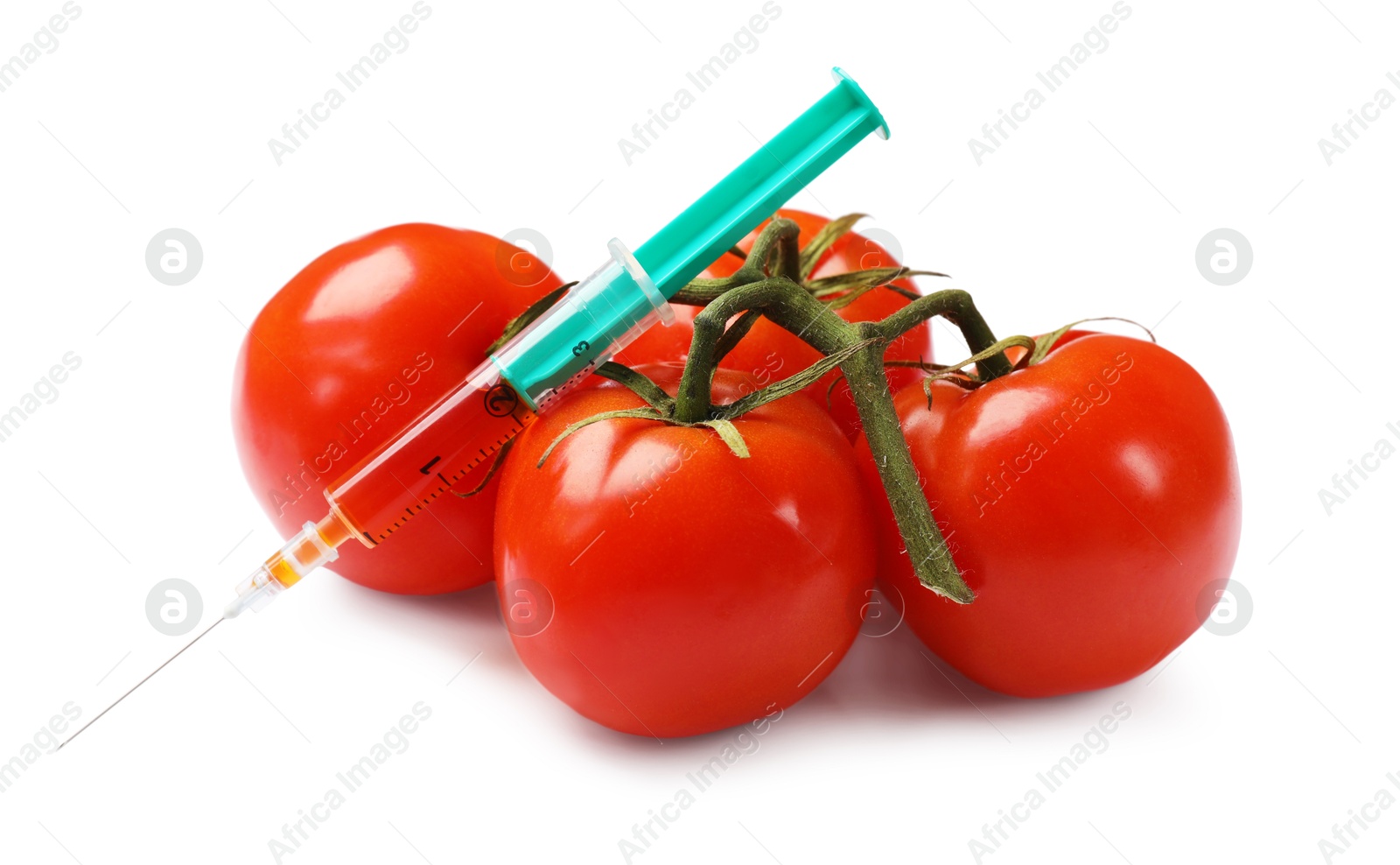 Photo of GMO concept. Fresh tomatoes and syringe isolated on white