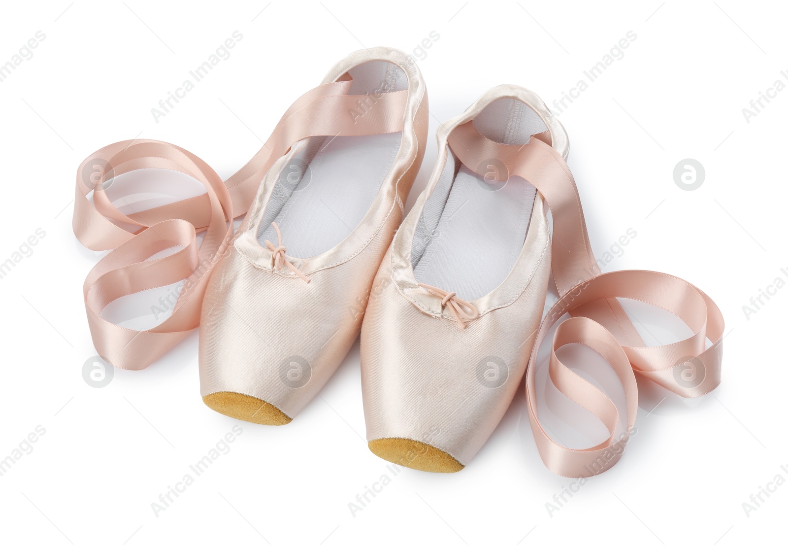 Photo of Pair of beautiful pointe shoes isolated on white