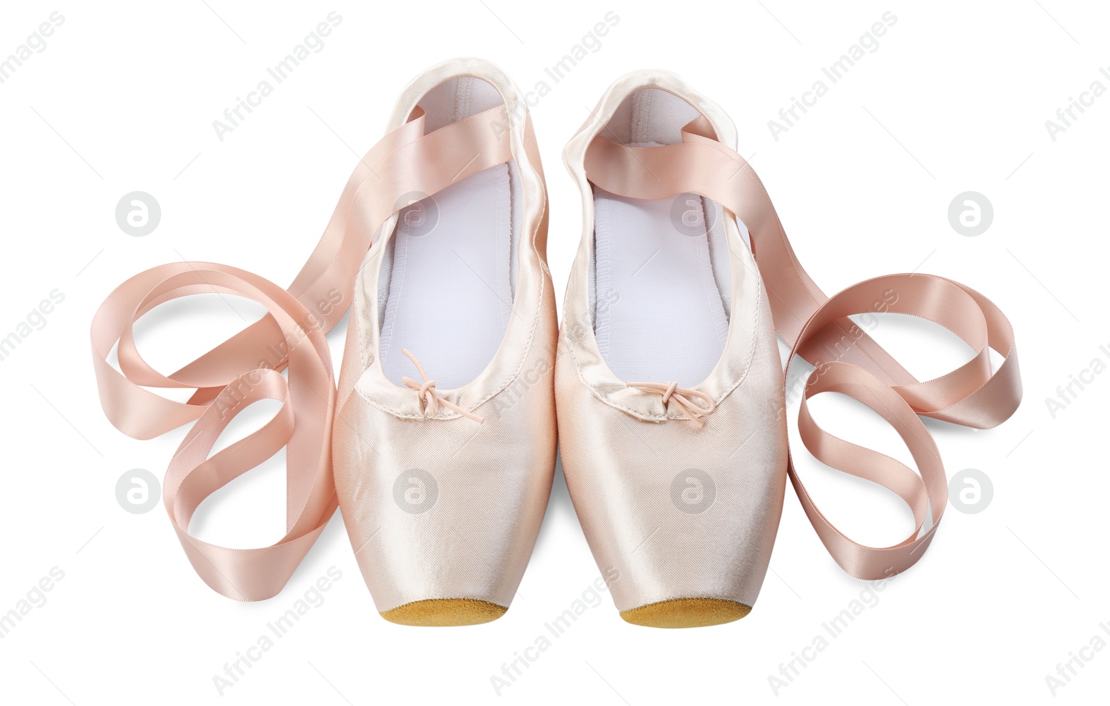 Photo of Pair of beautiful pointe shoes isolated on white, above view