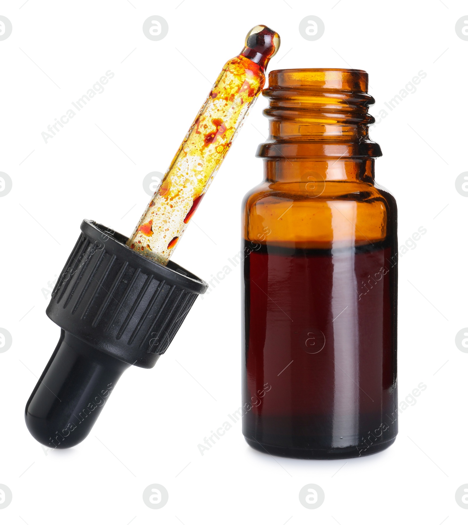 Photo of Bottle of topical iodine with pipette isolated on white