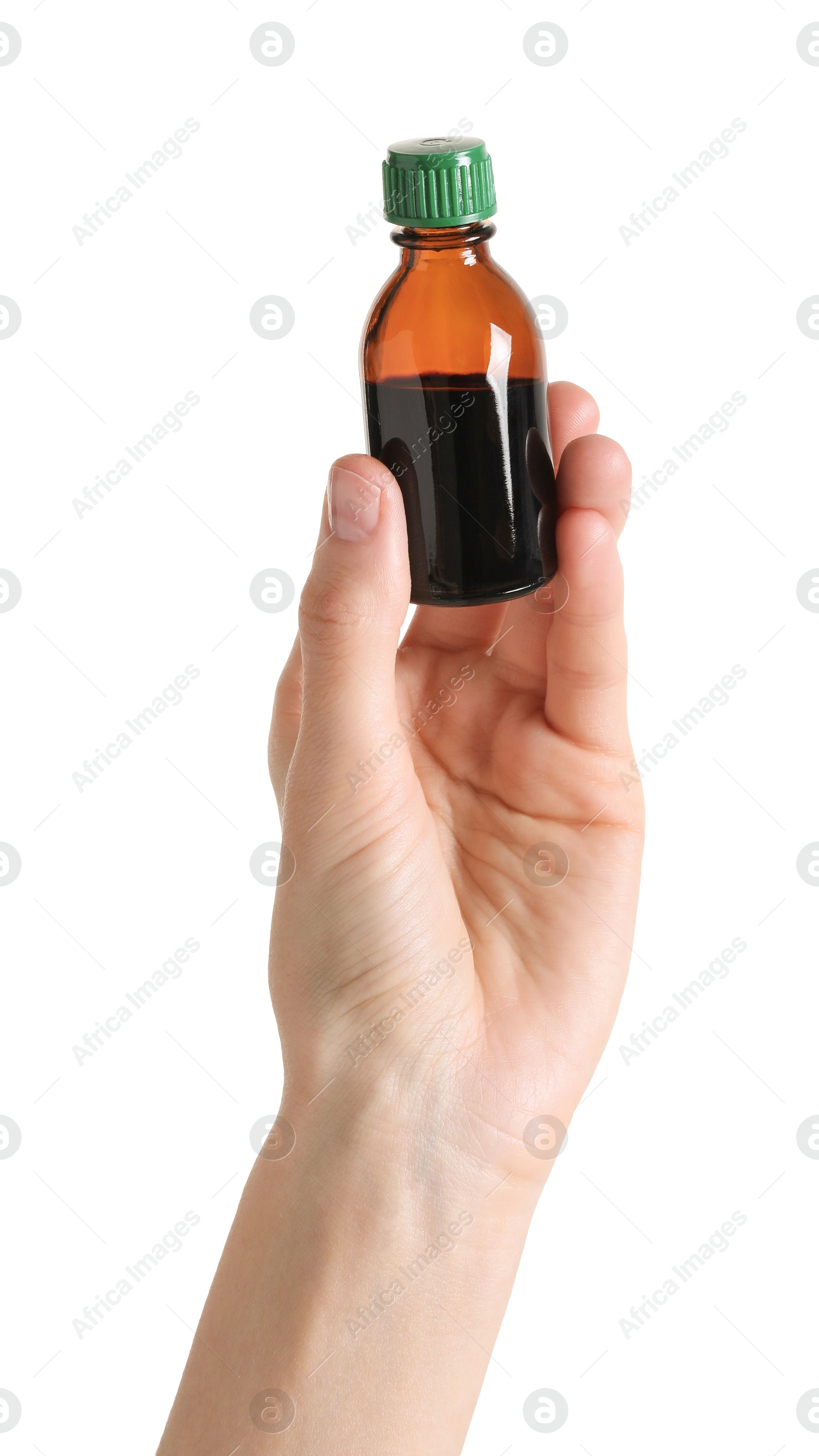 Photo of Woman with bottle of topical iodine on white background, closeup