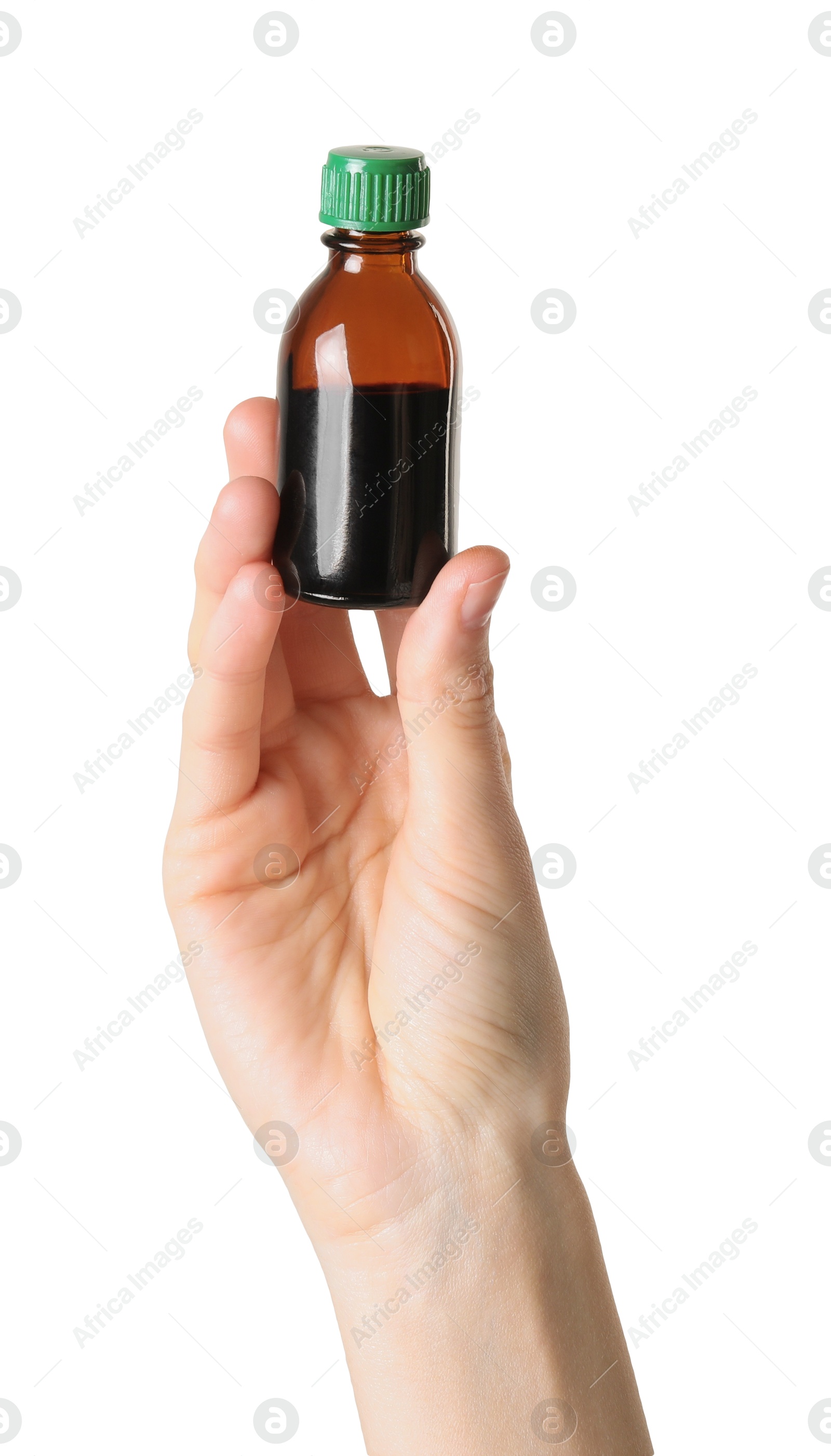 Photo of Woman with bottle of topical iodine on white background, closeup