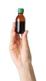 Photo of Woman with bottle of topical iodine on white background, closeup