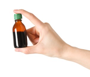 Photo of Woman with bottle of topical iodine on white background, closeup