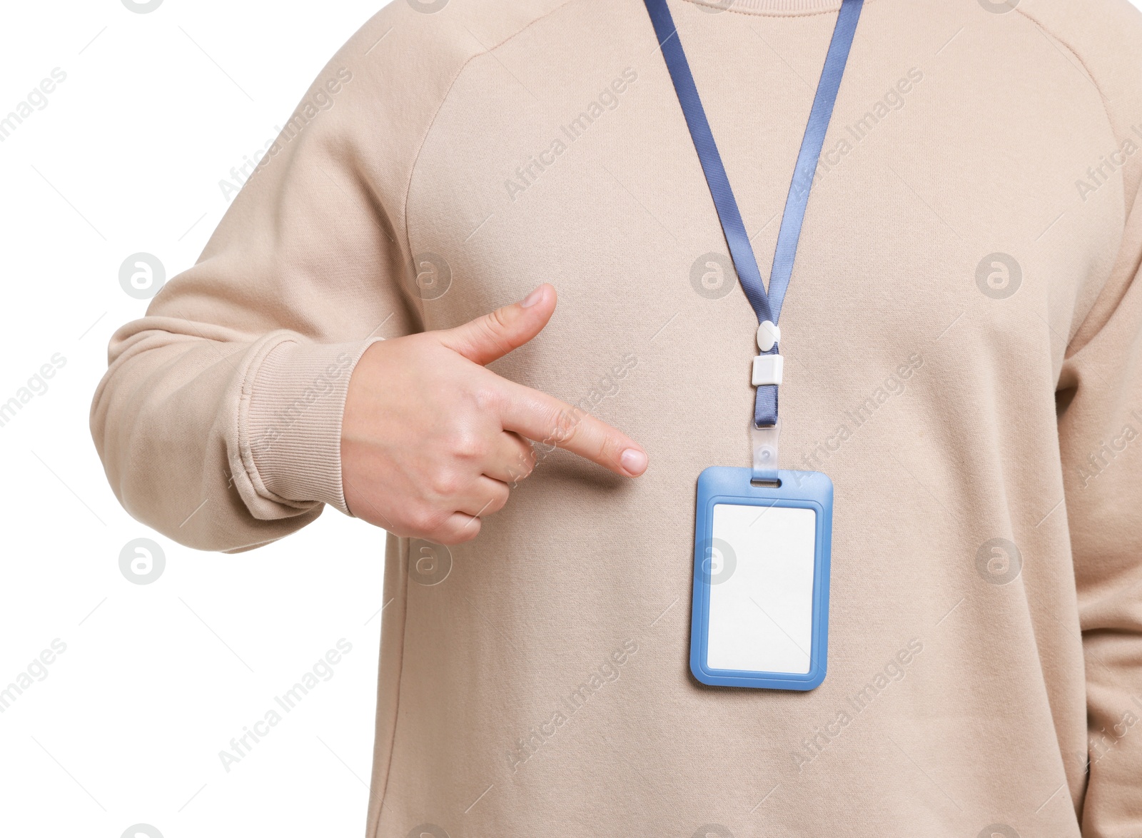 Photo of Man with blank badge on white background, closeup