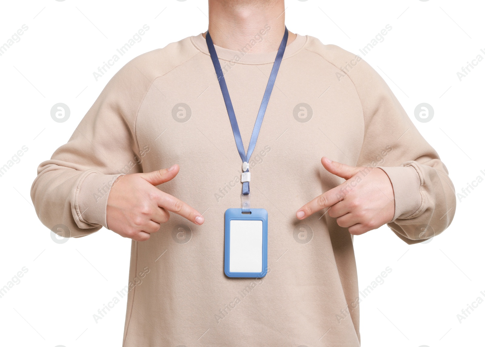 Photo of Man with blank badge on white background, closeup