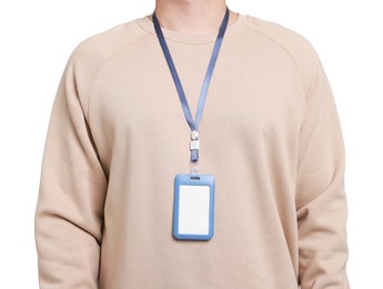 Photo of Man with blank badge on white background, closeup