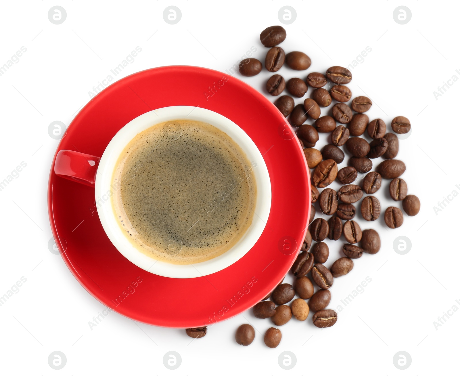 Photo of Red cup with coffee and roasted beans isolated on white, top view