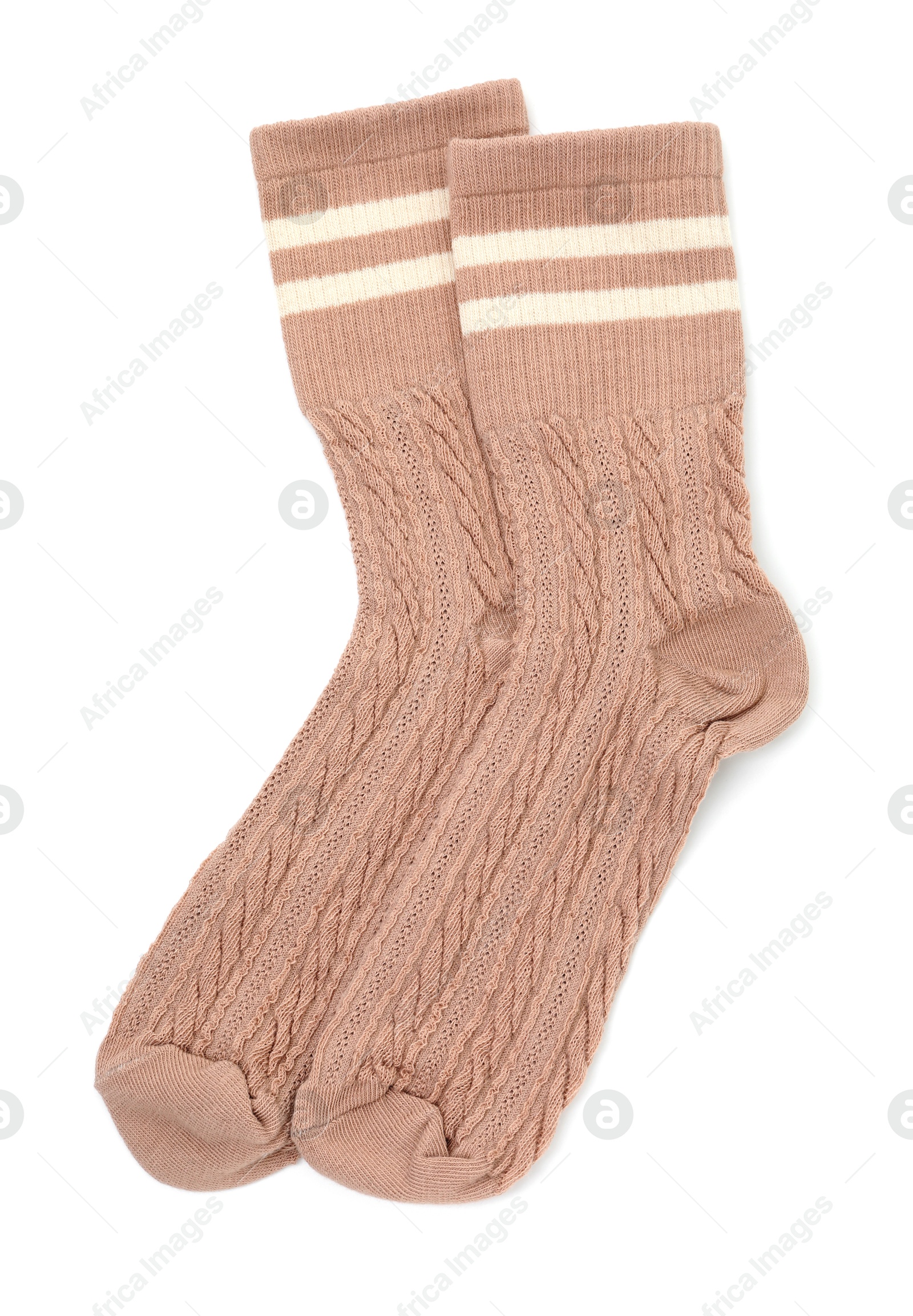 Photo of Pair of soft socks isolated on white, top view