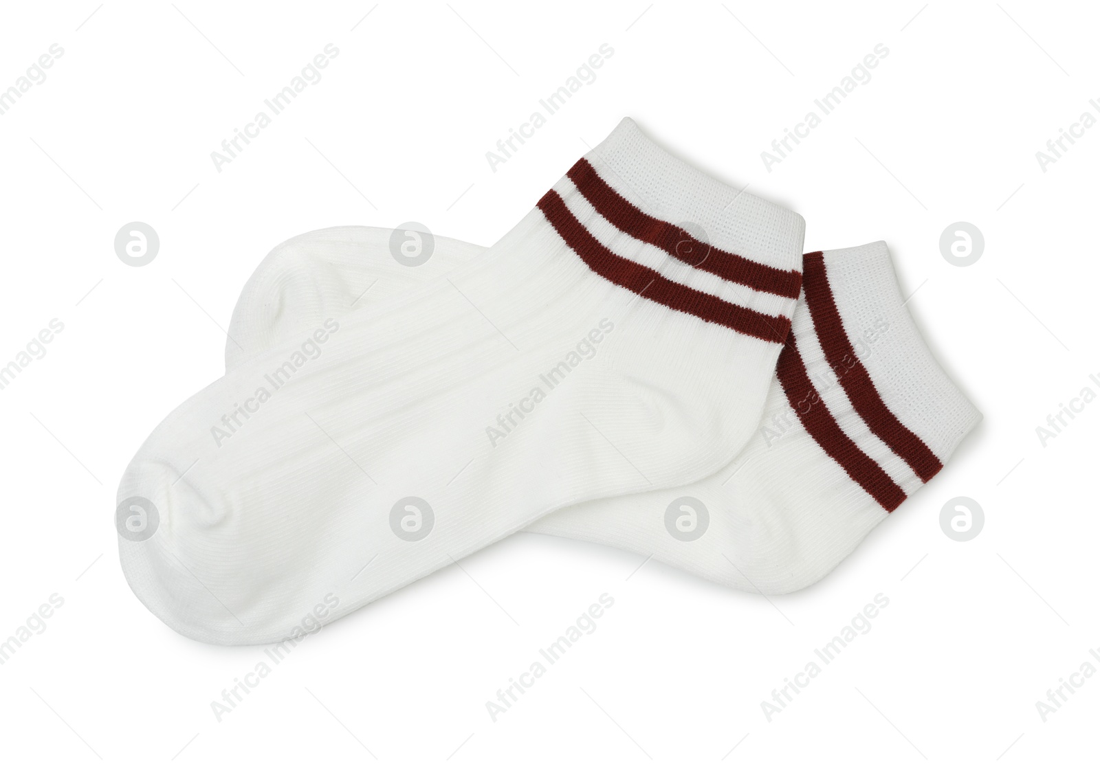 Photo of Pair of soft socks isolated on white, top view