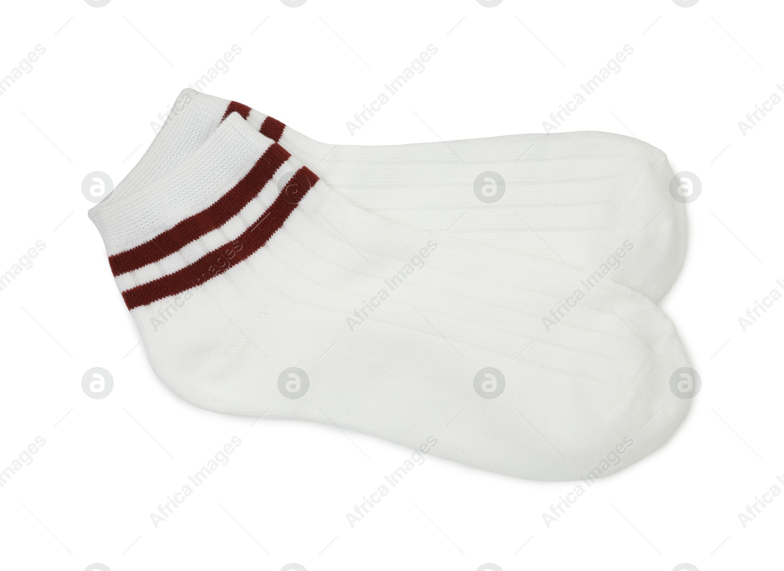 Photo of Pair of soft socks isolated on white, top view