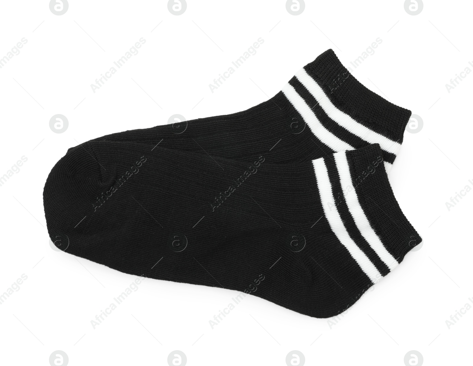 Photo of Pair of soft socks isolated on white, top view