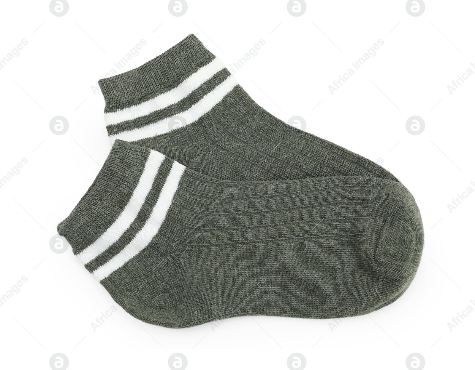 Photo of Pair of soft socks isolated on white, top view