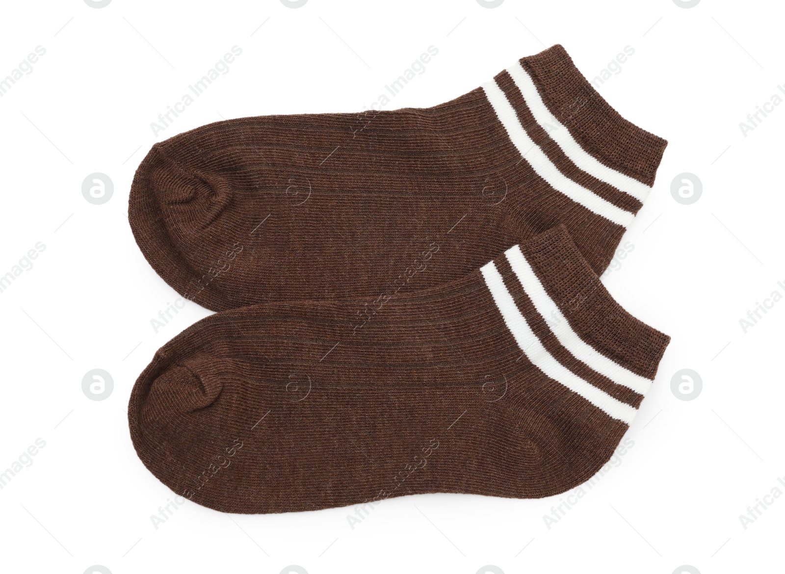 Photo of Pair of soft socks isolated on white, top view