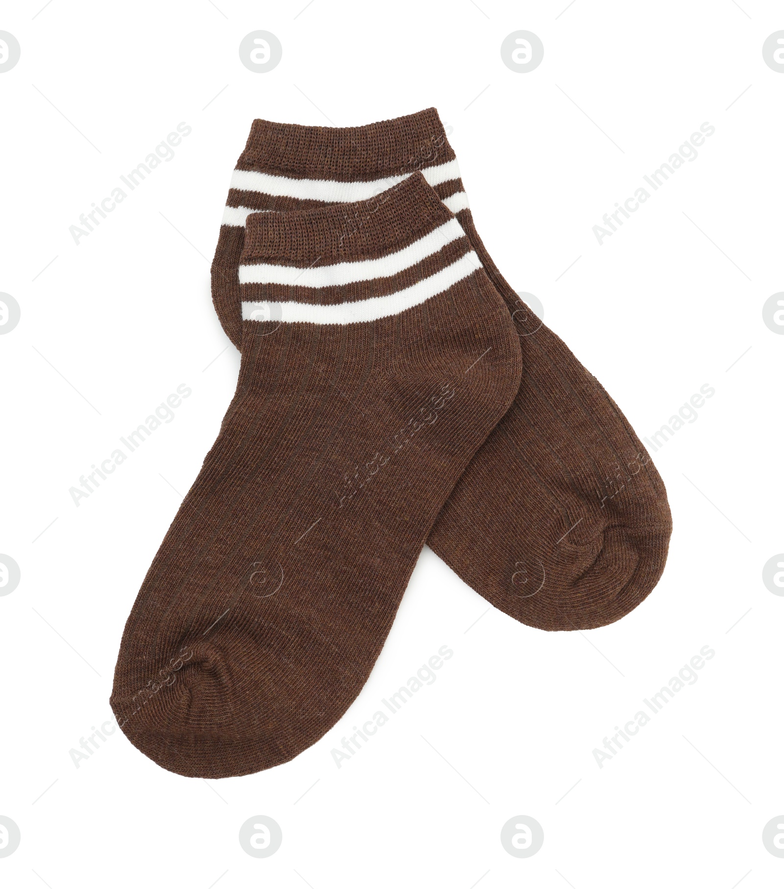 Photo of Pair of soft socks isolated on white, top view