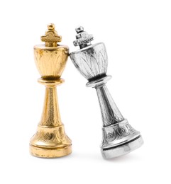 Photo of Golden and silver chess kings isolated on white. Competition concept