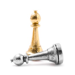 Photo of Golden chess bishop near fallen silver one on white background. Competition concept