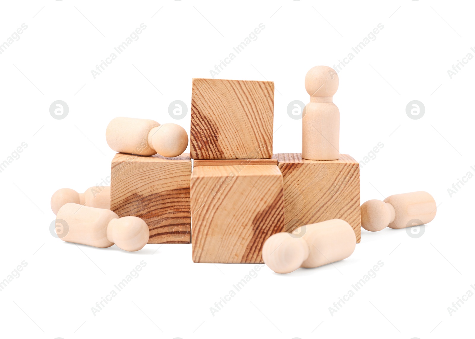 Photo of Fallen human figures and wooden blocks on white background. Competition concept