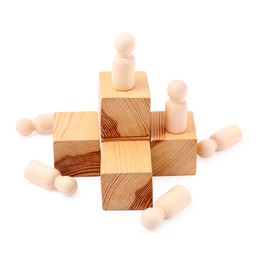 Photo of Human figures on wooden blocks near fallen ones against white background. Competition concept