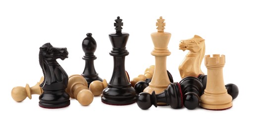 Photo of Different chess pieces among fallen pawns on white background. Competition concept