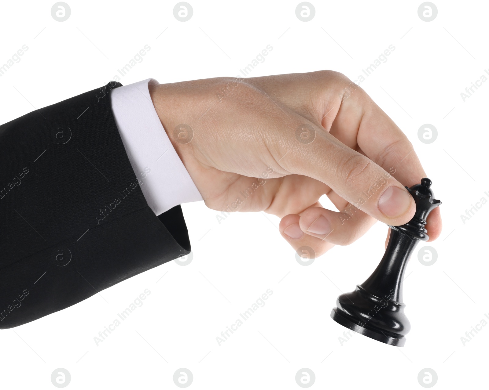 Photo of Man holding chess queen on white background, closeup. Competition concept