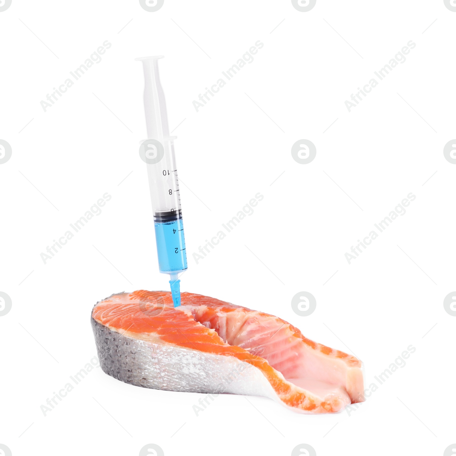 Photo of GMO concept. Piece of salmon and syringe isolated on white