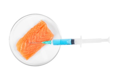 Photo of GMO concept. Piece of salmon and syringe isolated on white, top view