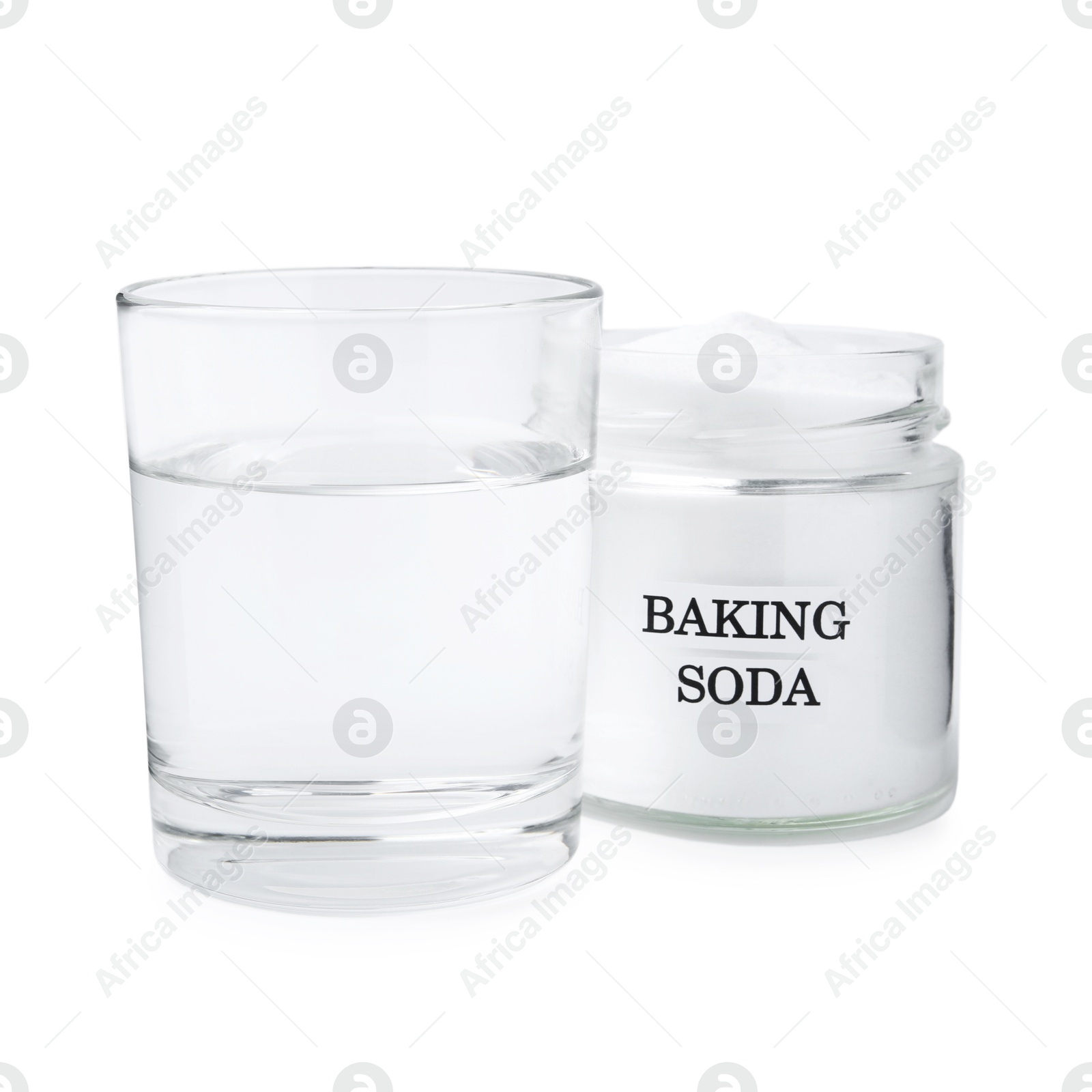 Photo of Glass of water and baking soda on white background