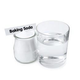 Photo of Glass of water and baking soda on white background