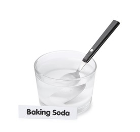 Photo of Glass of water with baking soda and spoon isolated on white