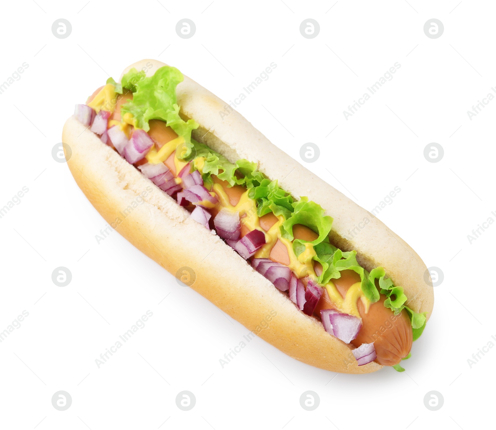 Photo of Tasty hot dog with lettuce and onion isolated on white, top view