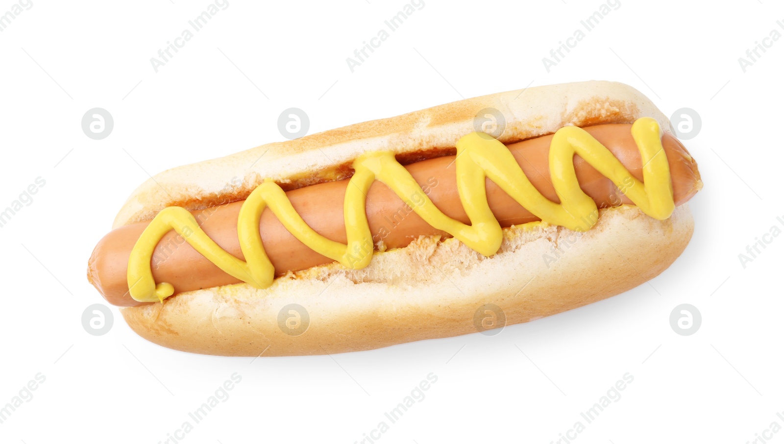 Photo of Tasty hot dog with mustard isolated on white, top view