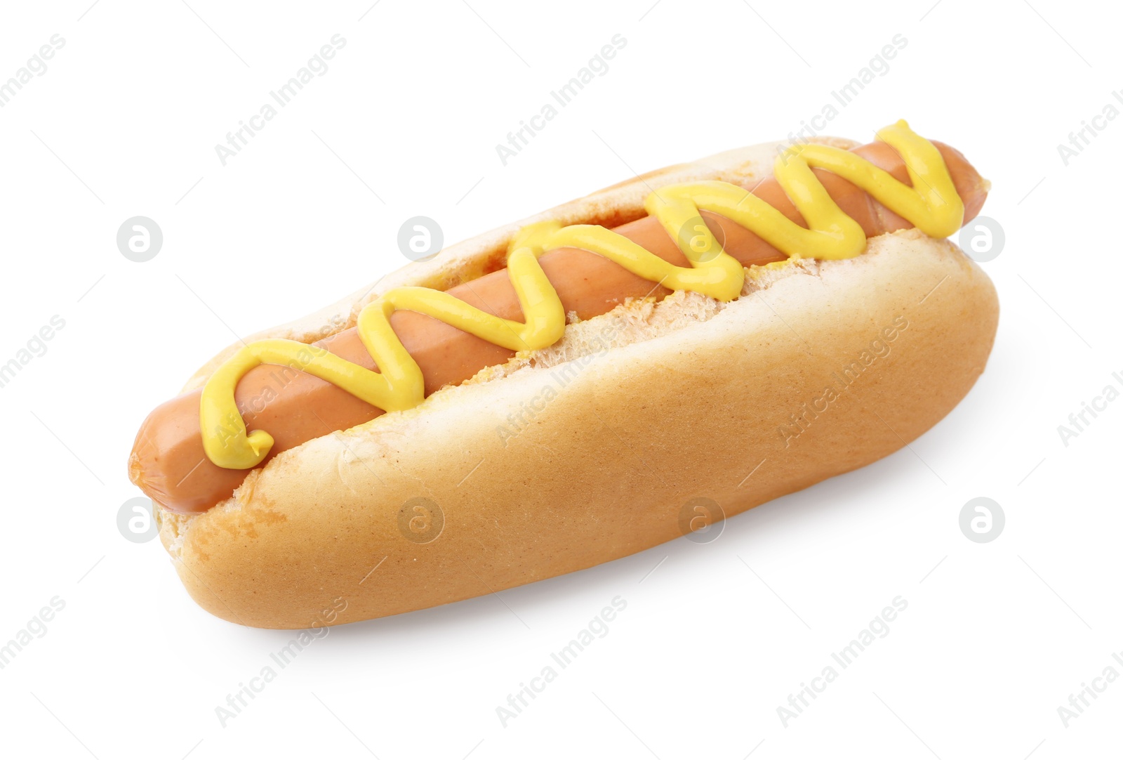 Photo of Tasty hot dog with mustard isolated on white