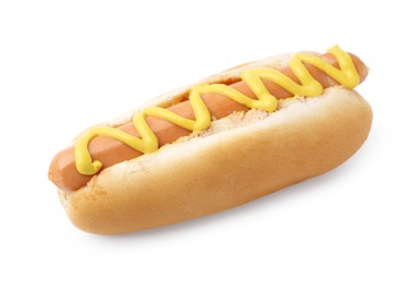 Photo of Tasty hot dog with mustard isolated on white