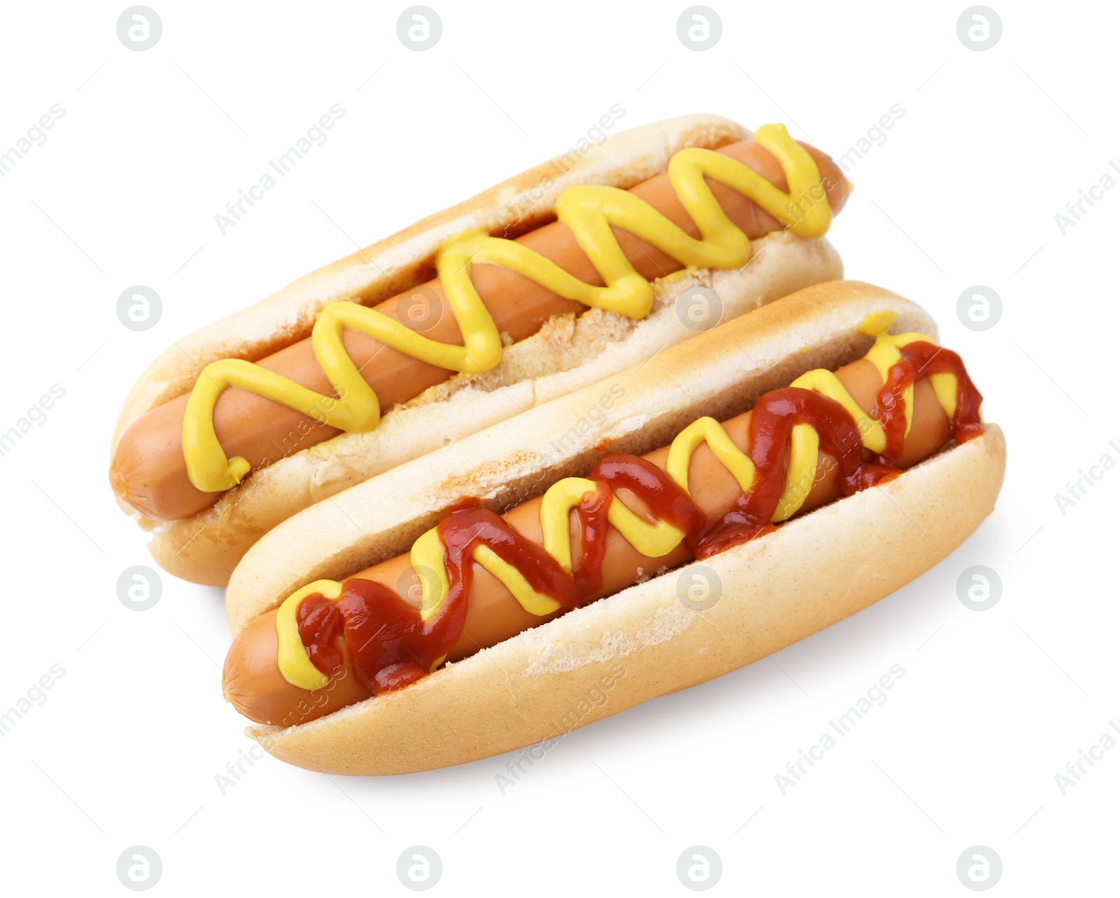 Photo of Tasty hot dogs with ketchup and mustard isolated on white