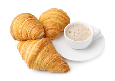 Photo of Tasty fresh croissants and cup of coffee isolated on white. Puff pastry