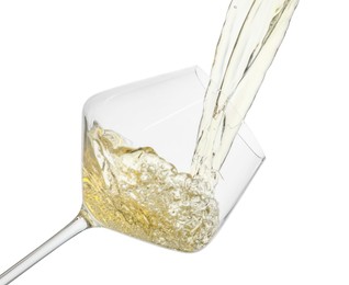 Photo of Pouring wine into glass on white background