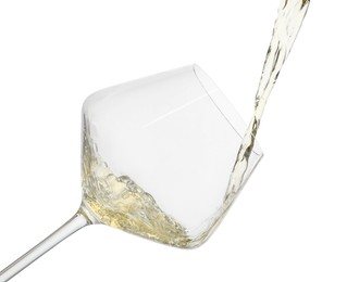 Photo of Pouring wine into glass on white background