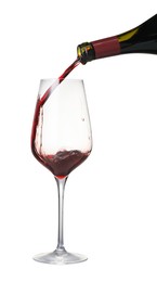 Photo of Pouring wine into glass on white background