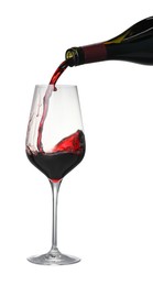 Photo of Pouring wine into glass on white background