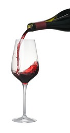 Photo of Pouring wine into glass on white background