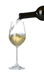 Photo of Pouring wine into glass on white background