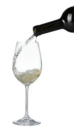 Photo of Pouring wine into glass on white background