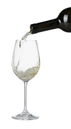 Photo of Pouring wine into glass on white background