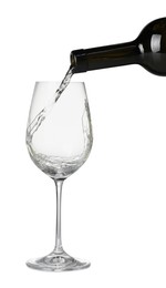 Photo of Pouring wine into glass on white background