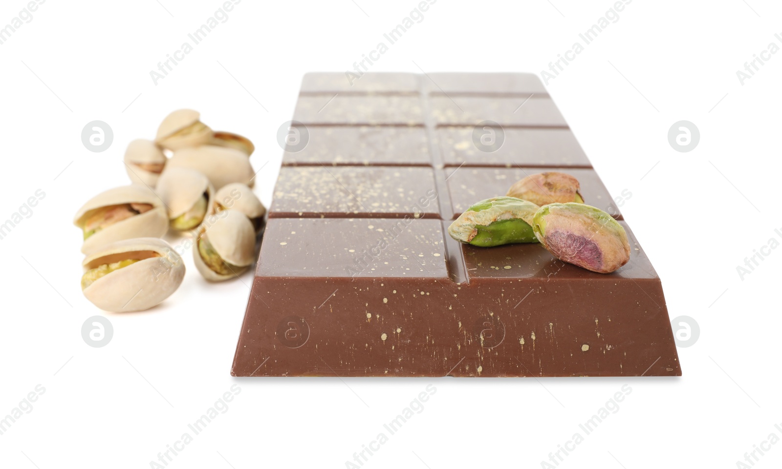 Photo of Dubai chocolate bar with pistachios and knafeh isolated on white