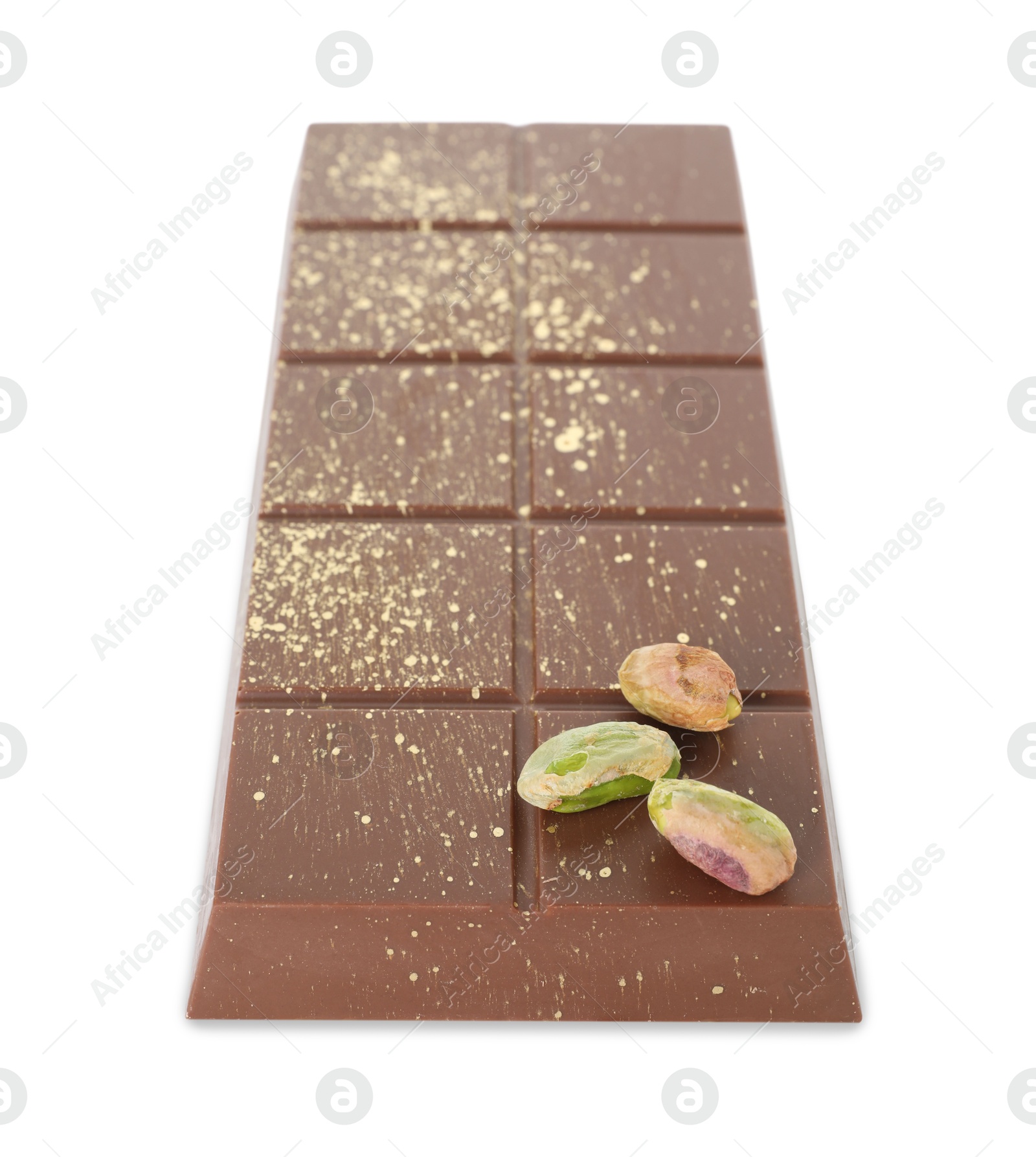 Photo of Dubai chocolate bar with pistachios and knafeh isolated on white