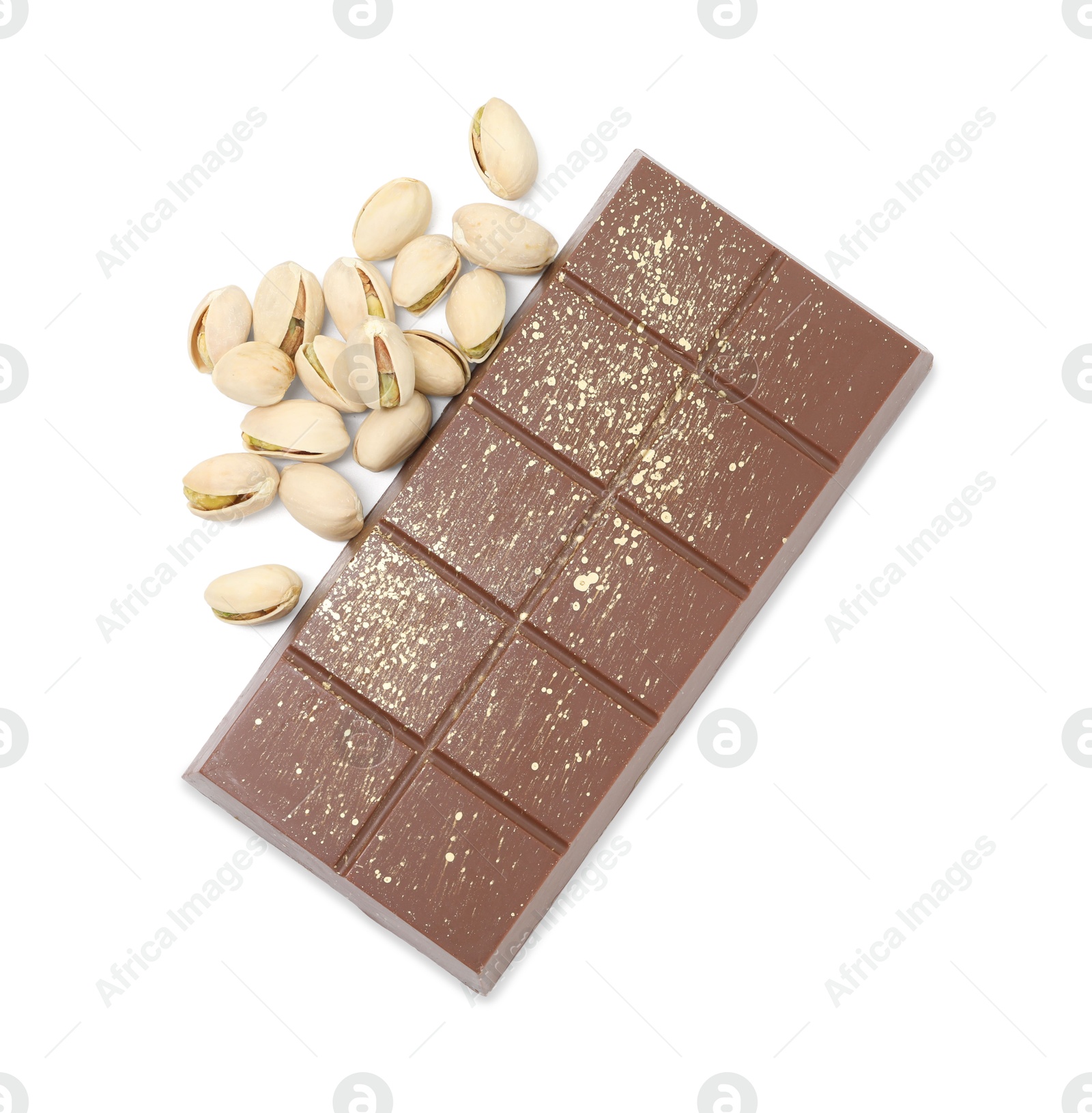 Photo of Dubai chocolate bar with pistachios and knafeh isolated on white, top view