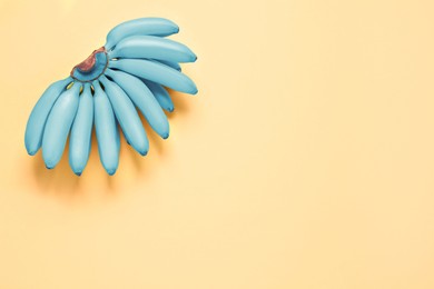 Image of Light blue bananas on yellow background, top view. Space for text